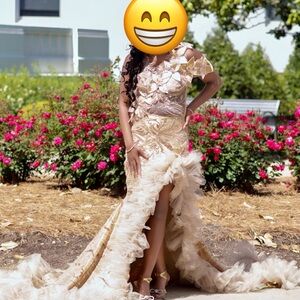 Elegant Cream and Gold Gown with Ruffle Details